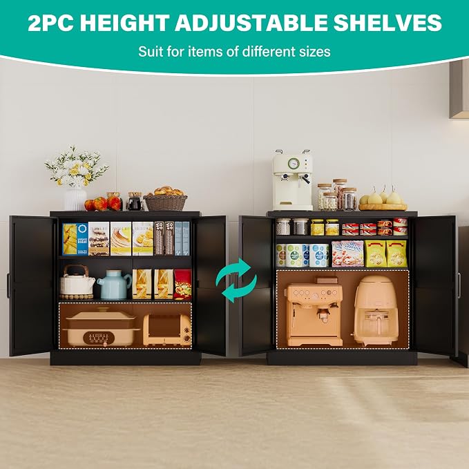 Metal Storage Cabinet with Doors & Adjustable Shelves, 36" Tall Farmhouse Pantry Cabinet, Small Sideboard for Kitchen, Dining, Living & Laundry Room, Black