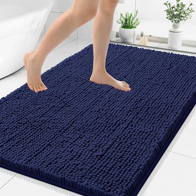 Smiry Luxury Chenille Bathroom Rugs 44x32, Extra Soft and Absorbent Shaggy Bath Mat, Machine Washable, Non-Slip Plush Carpet Runner for Tub, Shower, and Floor, Home Decor Accessories, Navy Blue