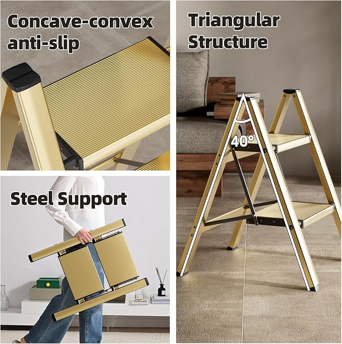 HillhutApex 2 Step Ladder, Lightweight Portable 2 Step Stool with Anti-Slip Wide Pedal,330lbs Capacity Aluminum Ladder for Household,Office,Library(Gold)