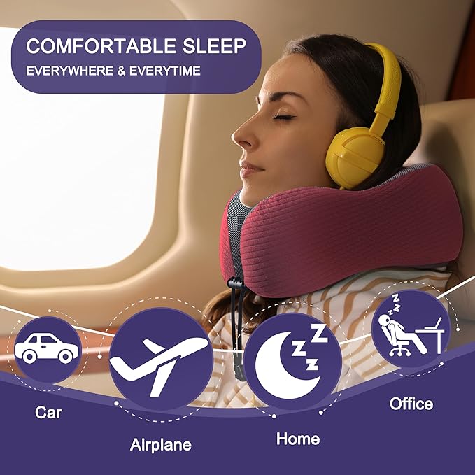 napfun Neck Pillow for Traveling, Upgraded Travel Neck Pillow for Airplane 100% Pure Memory Foam Travel Pillow for Flight Headrest Sleep, Portable Plane Accessories, Burgundy