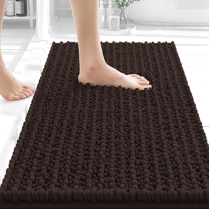 OLANLY Bathroom Rug Mat 24x16, Thick Soft and Absorbent Chenille Bath Mat, Non-Slip Rubber Backing, Machine Washable Quick Dry Bath Rugs for Tub Shower Floor, Home Decor Accessories, Brown