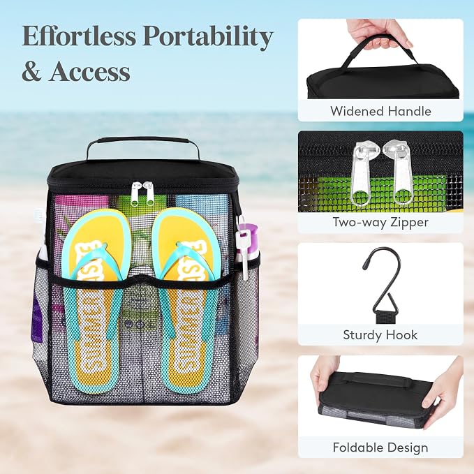 Lifewit Shower Caddy Portable, Toiletry Bag with Handle and 3 Mesh Pockets, Quick Dry Hanging Organizer for Bathroom, Gym, Travel, Camping, College Dorm Room Essentials for Women Men, Black