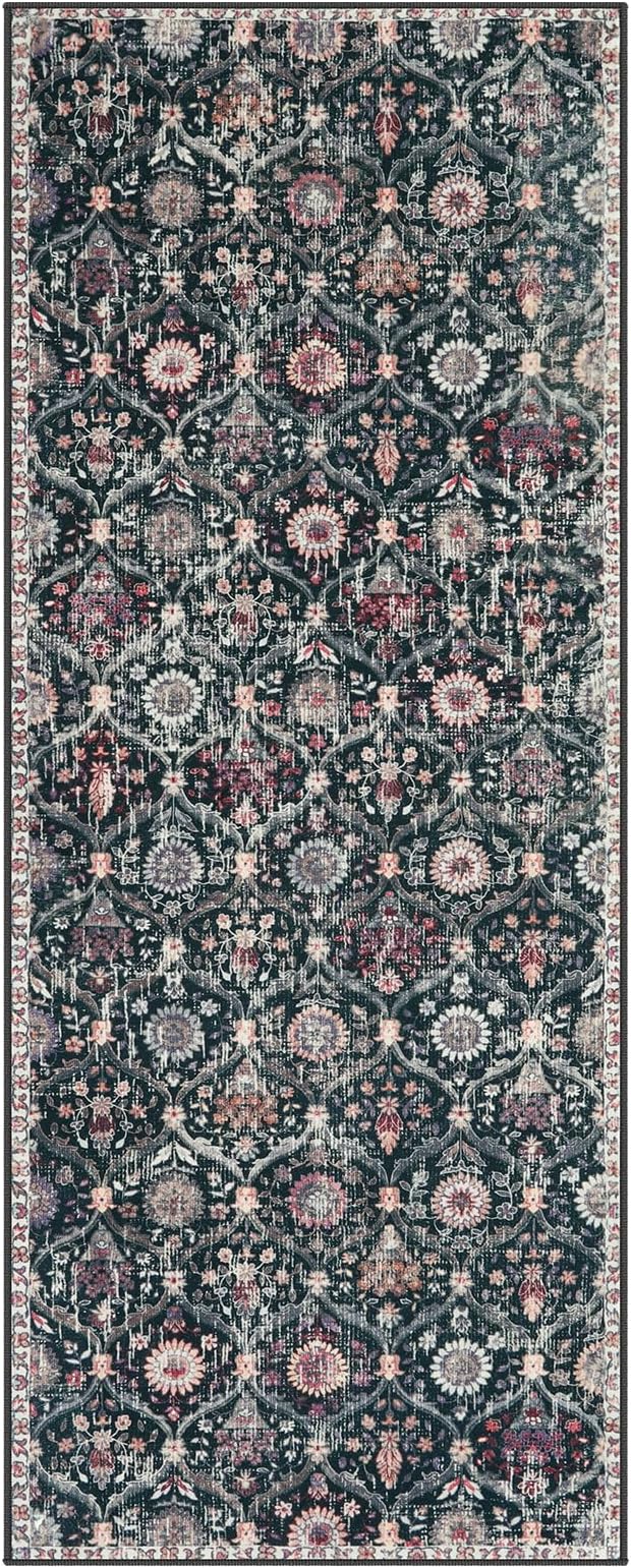 Lahome Moroccan Trellis Kitchen Runner, 2x5 Rug Runners for Hallways Non Slip Laundry Room Rug, Ultra-Thin Washable Vintage Carpet for Bedroom Bathroom Elise, Black/Multi
