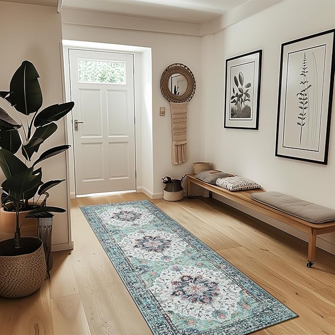 RELEANY Area Rugs Runner 2'x8' Washable Non-Slip, Floral Vintage Distress Medallion Carpet for Kitchen Hallway Bedroom Beside Laundry Room Bathroom, Green Navy Blue White Red Teal