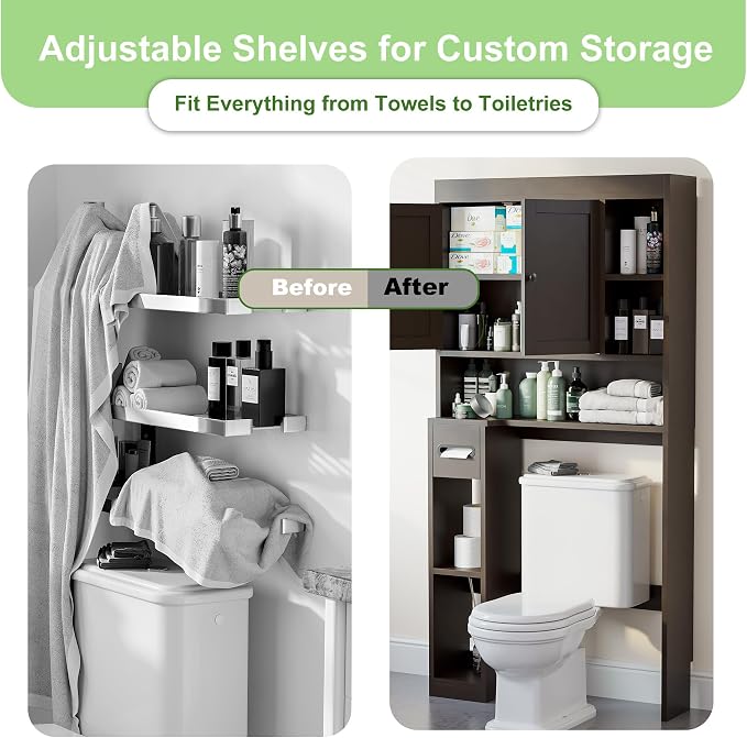 Over The Toilet Storage Cabinet with 7 Shelves, Imitation Walnut Grain Above Toilet Bathroom Organizer with Toilet Paper Holder Stand, Space Saver for Restroom, Laundry, Bathroom (Espresso)