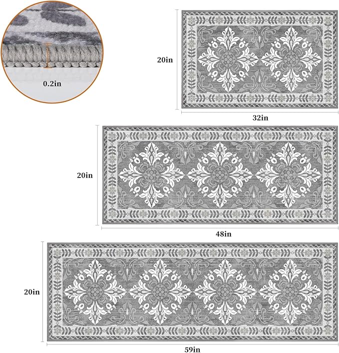 3-Piece Kitchen Rugs, Non-Slip & Washable Floor Mats, Water-Absorbent Area Pad, Standing Desk Mat for Office, Home, Doorway, Laundry, Kitchen Accessories (Light Grey)