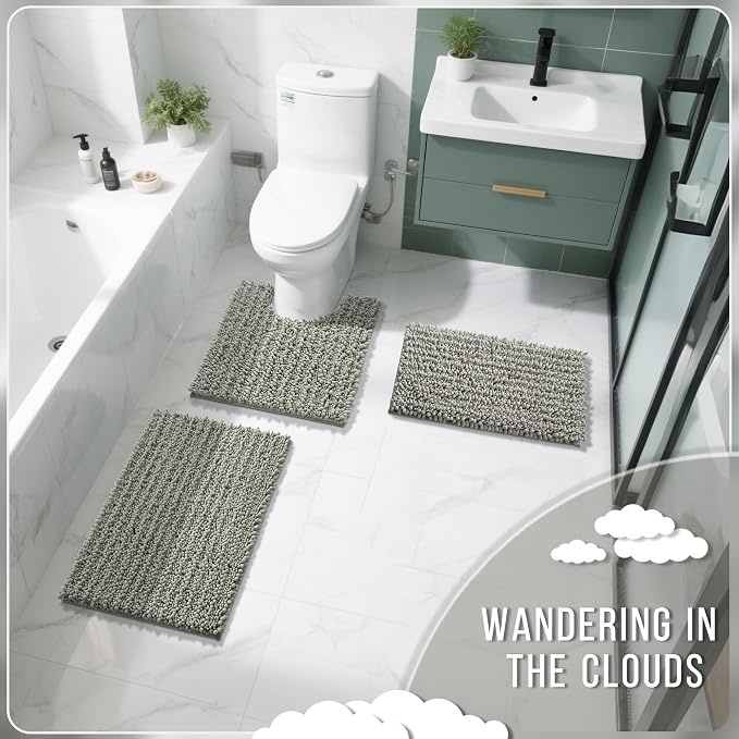 Yimobra Bathroom Rugs Non Slip Washable - Ultra Soft Absorbent Chenille Bath Mat, Quick Dry Shaggy Floor Carpet for Tub Shower, Sand Home Decor Accessories, 24x17 Inch