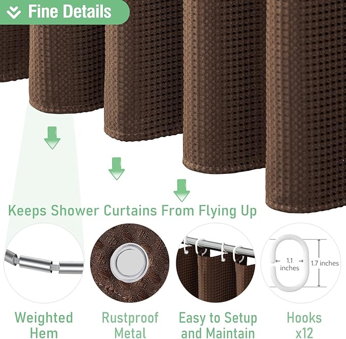 Dynamene Extra Long Shower Curtain - 84 Inch Long Brown Waffle Weave Heavy Duty Fabric Bathroom Shower Curtain, Neutral Weighted Hotel Thick Bath Curtain Set with 12 Plastic Hooks,72x84, Brown