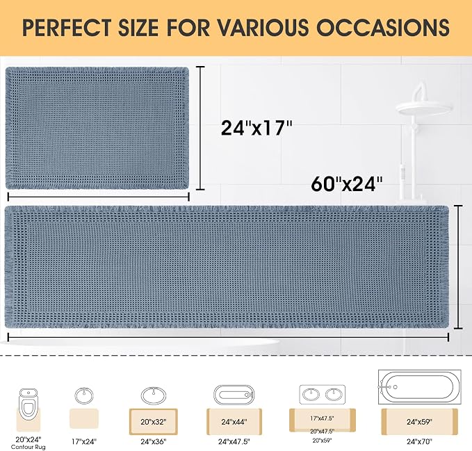 Upgrade Waffle Bath Mat Set 2 Piece, Boho Bathroom Rugs Absorbent Non Slip, Ultra Soft Bathroom Mat, Machine Washable Knit Bath Rugs with Border for Bathroom, Bedroom, Kitchen, Shower, Tub, Blue