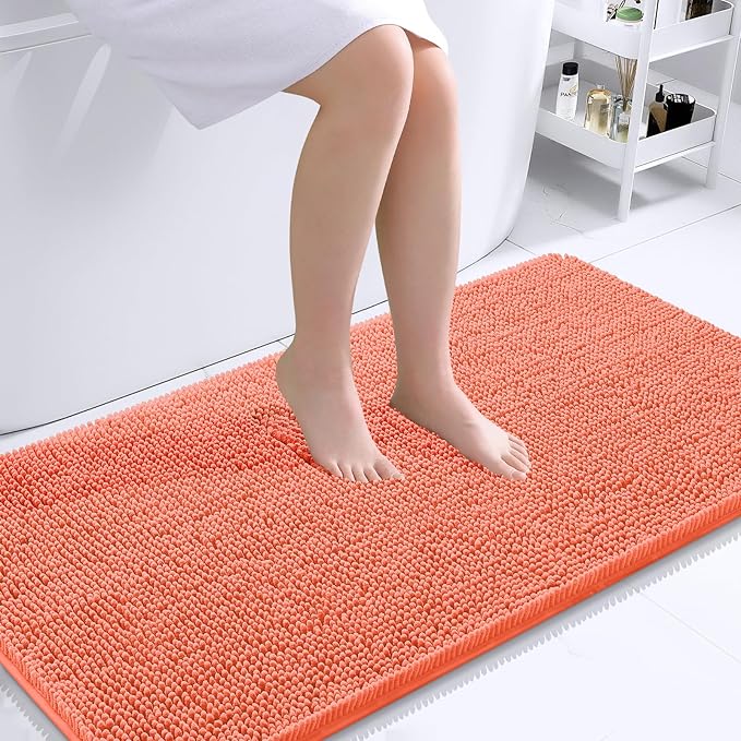 OLANLY Large Bathroom Rugs 40x24, Extra Soft Absorbent Chenille Bath Rugs, Rubber Backing Quick Dry, Machine Washable Bath Mats for Bathroom Floor, Tub and Shower, Home Decor Accessories, Coral
