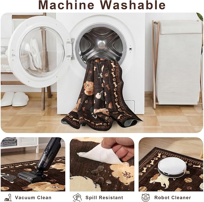 DUKINO 2x6 Washable Runner Rug for Hallway, Non Slip Animal Dog Kitchen Rug with Low Pile Design, Ultra Soft & Stain Resistant Indoor Carpert Runner for Entryway, Bedroom, Laundry, Bathroom, Brown