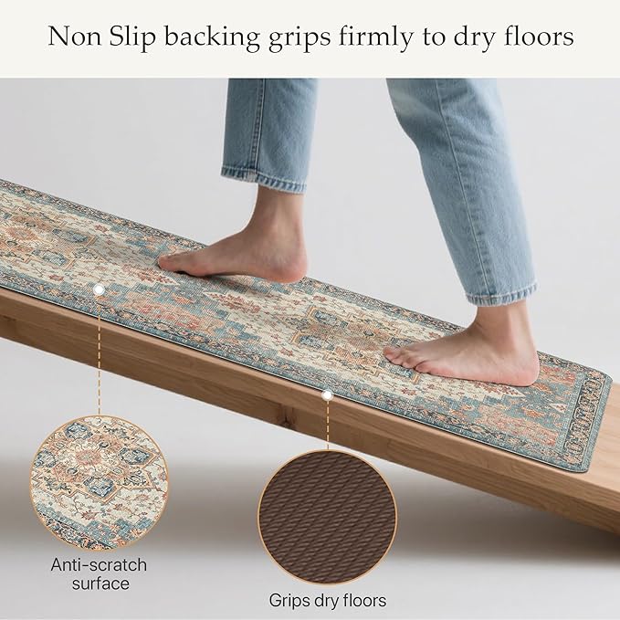 GENIMO Kitchen Mats for Floor, Washable Anti Fatigue Mat for Cushioned, 17.3"x59", Waterproof Kitchen Rugs, Non Slip Foam Comfort Standing Mat Rug for Home, Runner, Sink, Laundry, Blue&Salmon