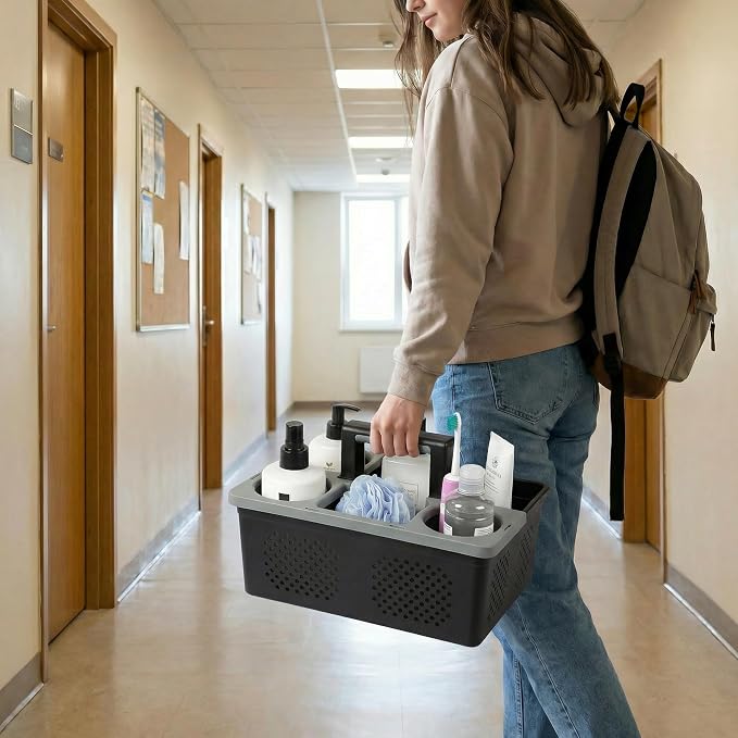 KMV Dorm Room Portable Shower Caddy with Adjustable Compartments - Ventilated Drainage Design with Handles, Perfect Toiletries Organizer for College Dorms-black