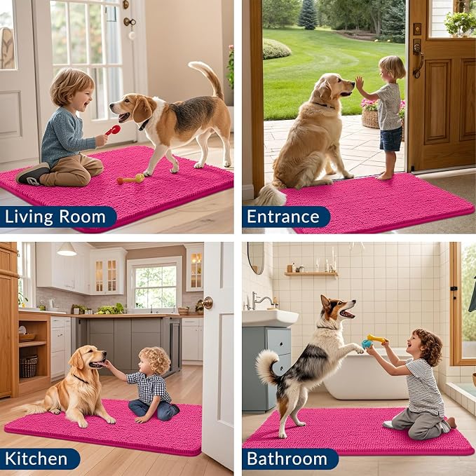 Smiry Dog Door Mat for Muddy Paws 47x24, Absorbent Dirt Trapper, Non-Slip Washable Chenille Entryway Rug for Inside Floor, Hot Pink, Classic Solid