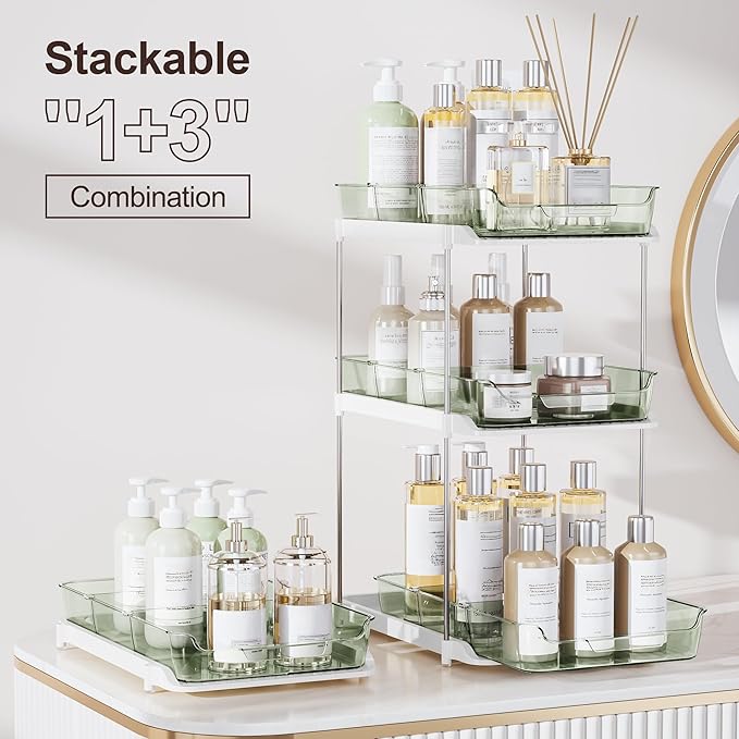 Delamu 2-Tier Multi-Purpose Bathroom Under Sink Organizers and Storage, Stackable Kitchen Pantry Organization, Pull Out Medicine Cabinet Organizer with Movable Dividers, Light Green, 2 Pack