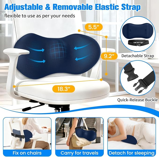 SweetSlubr Lumbar Support Pillow for Office Chair - Memory Foam Lumbar Pillow with Detachable Strap & Breathable Cover, Ergonomic Back Support for Office Chair, Car Seat Cushion, Bed Rest (Blue)