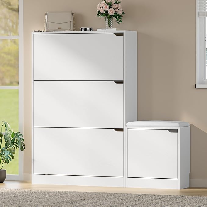 BORNOON Shoe Cabinet with Bench and 3 Flip Drawers, Slim Narrow Shoe Storage Cabinet, Freestanding Shoe Rack Organizer with Adjustable & Removable Shelves, Anti-Tip for Entryway, Hallway, Foyer
