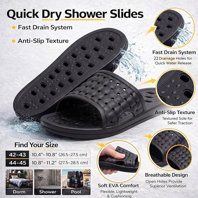 Hosuly 3-in-1 Travel Gym Dorm Shower Kit, Mesh Shower Caddy with 2 Quick Dry Towels and Non-slip Shoes, College Bathroom Essentials for Camping, Hotel and Workout(Gray and Black,10.5–11 Men(eu 44-45))