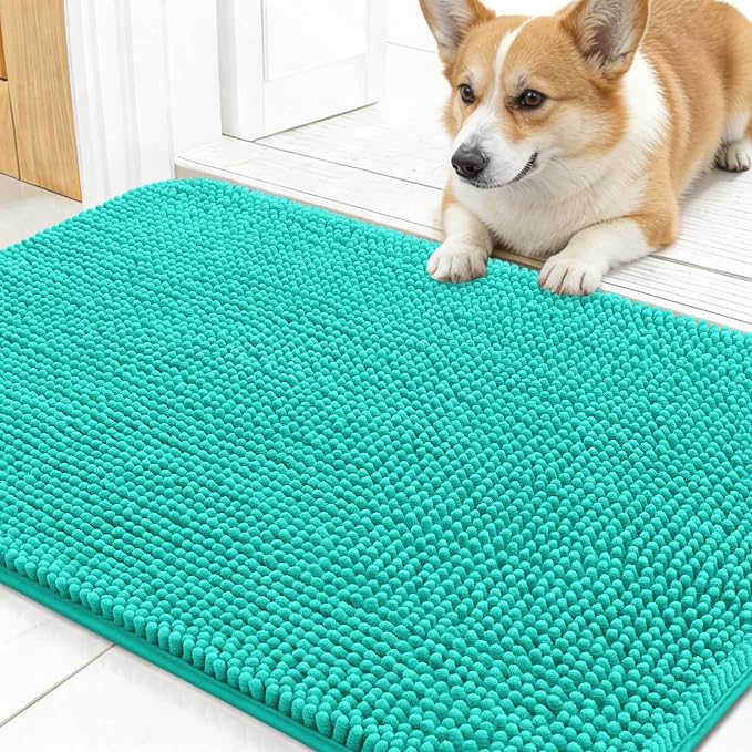 OLANLY Dog Door Mat for Muddy Paws 30x17, Absorbs Moisture and Dirt, Absorbent Non-Slip Washable Doormat, Quick Dry Chenille Mud Mat for Dogs, Entry Indoor Entryway Carpet for Inside Floor, Teal