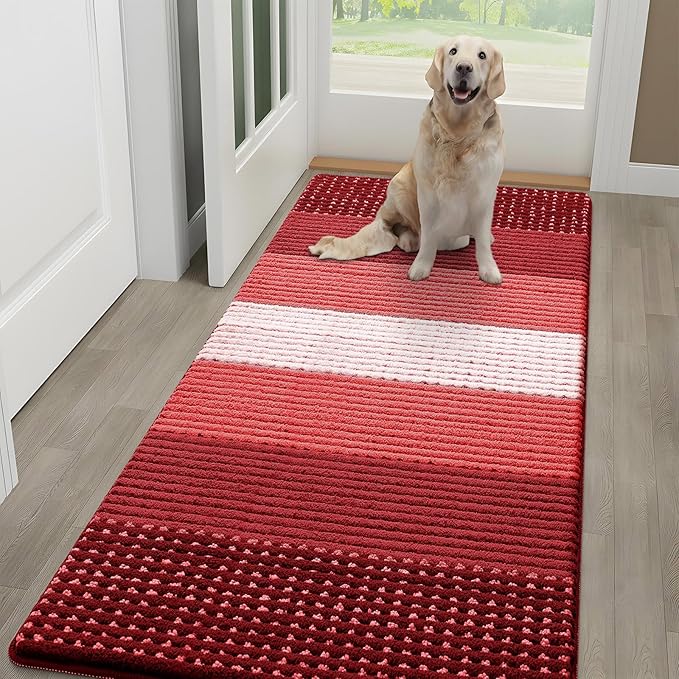 Kitinjoy Indoor Outdoor Door Mat, 59x24 Non-Slip Absorbent Dirt Trapper, Low-Profile Washable Inside Entrance Front Floor Mat, Sturdy Soft Entry Dotted Ombre Doormats for Entryway, Burgundy