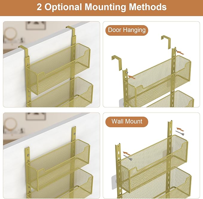 VyGrow Over The Door Organizer, Metal Door Organizer Hanging with 5 Adjustable Baskets and Coat Hook, Behind The Door Storage for Bedroom Closet Bathroom Pantry Cabinet Kitchen, Gold