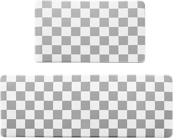 Grey Checkered Grid Checkerboard Kitchen Rug Sets [2 PCs], Anti-Fatigue, Waterproof Non-Slip Kitchen Mats Heavy Duty Ergonomic Comfort Foam Rug for Floor, Home, Laundry,17"x29"+17"x47"