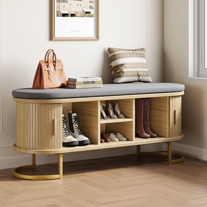 Decofy Storage Bench with Cushion and Sliding Doors, 47.2 Inch Large Entryway Shoe Bench with Sturdy Metal Feet, Multi-Functional for Entrance Hall, Bedroom, Living Room (Oak)