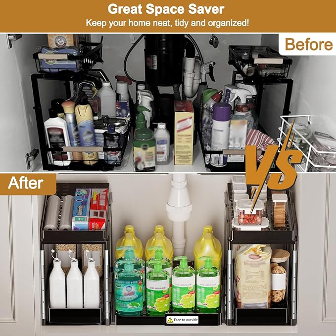 NIUXX Expandable Under Sink Organizer: 2 Tier Height Adjustable Under Cabinet Organizer - Double Pull Out Shelf Under Sink Storage for Kitchen - Bathroom and Laundry Room - Space Saving