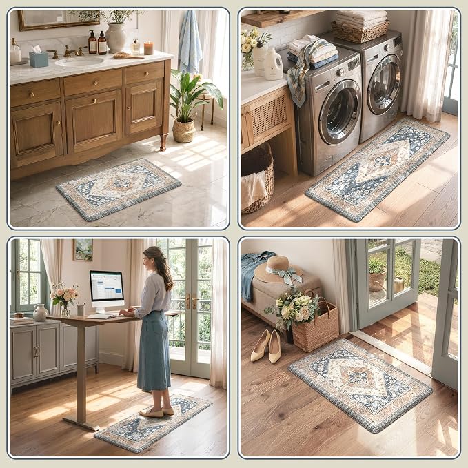 KIMODE Kitchen Rugs and Mats 2PCS Cushioned Anti Fatigue Kitchen Mat Non Slip Paded Kitchen Runner Rug Boho Vintage Mats Blue Gold Rugs for Kitchen Floor, Home Decor, Office, Laundry, Desk, Bathroom