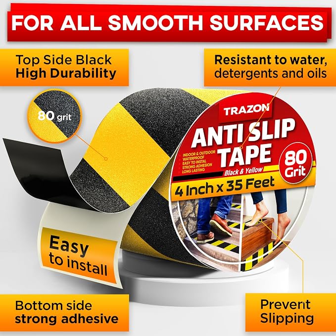 Grip Tape - Heavy Duty Anti Slip Tape for Stairs Outdoor/Indoor Waterproof 4Inch x 35Ft Safety Non Skid Roll for Stair Steps Ramp Traction Tread Staircases Grips Non Slip Strips Walk Black and Yellow