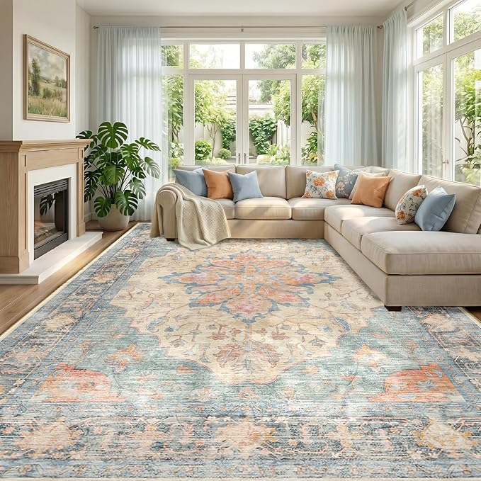 RELEANY Area Rugs Large 10'x12' Washable Non-Slip, Floral Vintage Distress Medallion Carpet for Living Room Bedroom Dining Room, Blue Orange Red