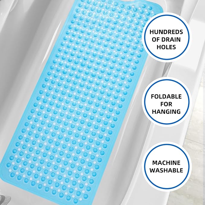 MOONFLY Shower and Bathtub Mat,40x16 Inches,Extra Long Non Slip Mats with Suction Cups and Drain Holes, Machine Washable and Anti Slip Bathmats, Bathroom Mats for Tub Nonslip (Clear Blue)