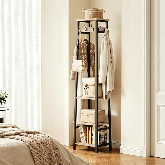 Coat Rack Freestanding, Coat Stand with 3 Shelves and 7 Hooks, Hall Tree Free Standing, Clothes Rack Stand Organizer, Industrial Style, Greige and Black