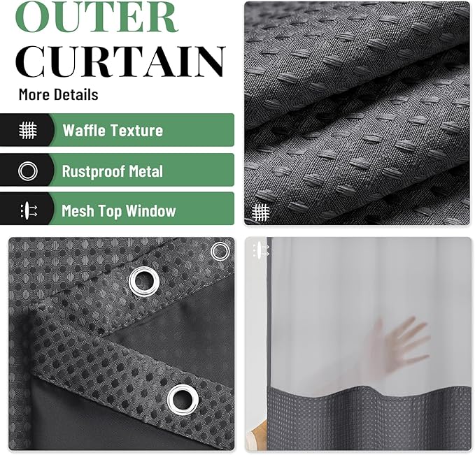 Dynamene 78 Inch Long Shower Curtain, Tall Waffle Fabric Shower Curtains for Bathroom, Hotel Waterproof Cloth Shower Curtain Liner Set with Hooks, Snap in Liner, Mesh Top Window, Charcoal Grey, 72x78
