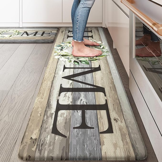 KIMODE Anti Fatigue Kitchen Mats, Farmhouse Kitchen Rugs Sets of 2, Non Slip Kitchen Mats for Floor, Cushioned Kitchen Floor Mats for Sink, Laundry, Office, Desk Grey 17"x59"+17"x29"