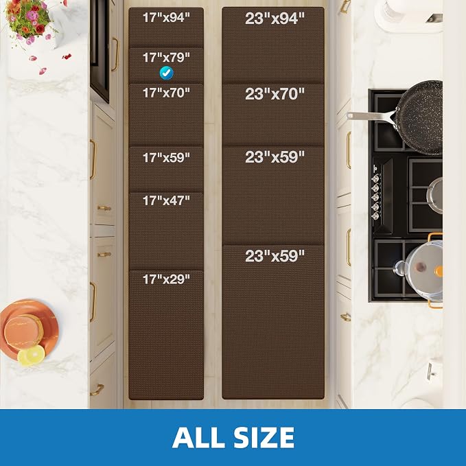 Kitchen Mats for Floor - 17"x79" Anti Fatigue Mats for Kitchen Floor - Non Slip Cushioned Rugs for Standing - Brown