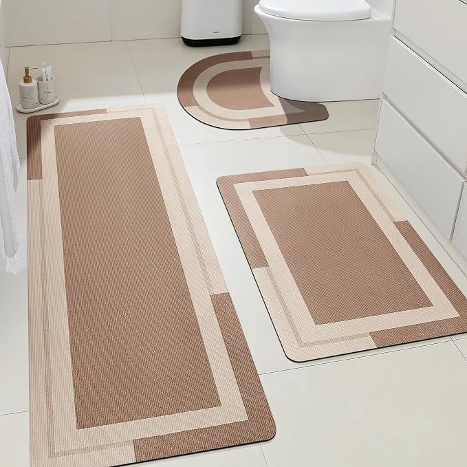 ACCUMTEK Non Slip Bath Mat, Thin Bathroom Rugs Fit Under Door, Quick Dry Bath Mats, Machine Washable Bath Rugs for Bathroom, Bathtub & Kitchen, Light Brown/Bordered/3 Piece