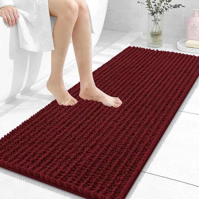 OLANLY Long Bathroom Rugs Runner 47x20, Thick Soft and Absorbent Chenille Bath Mat, Non-Slip, Machine Washable Quick Dry Bath Rugs for Tub Shower Floor, Home Decor Accessories, Burgundy