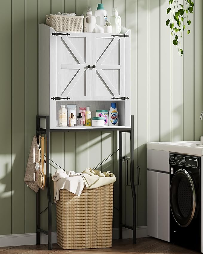 Memobarco Over The Toilet Storage Cabinet, Over Toilet Organizer with 2-Door & Metal Stand, Bathroom Organizers and Storage with Adjustable Shelves for Bathroom, Restroom, Laundry, White