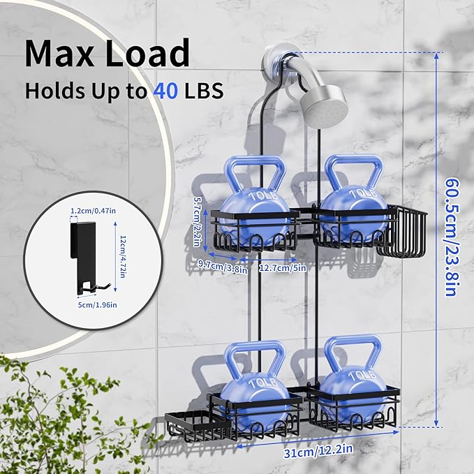 Shower Caddy Hanging with Door Hook - Split Design for Handheld Showerheads, Rustproof Over The Showerheads Bathroom Organizer with Hooks Soap and Toothbrush Holder, Bathroom Accessories Black