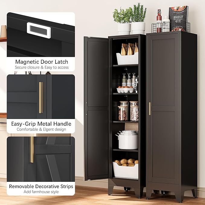 Bevivog Tall Narrow Storage Cabinet, 67" Single Door Metal Storage Locker Cabinet, Freestanding Tall Kitchen Pantry Cabinets for Small Space
