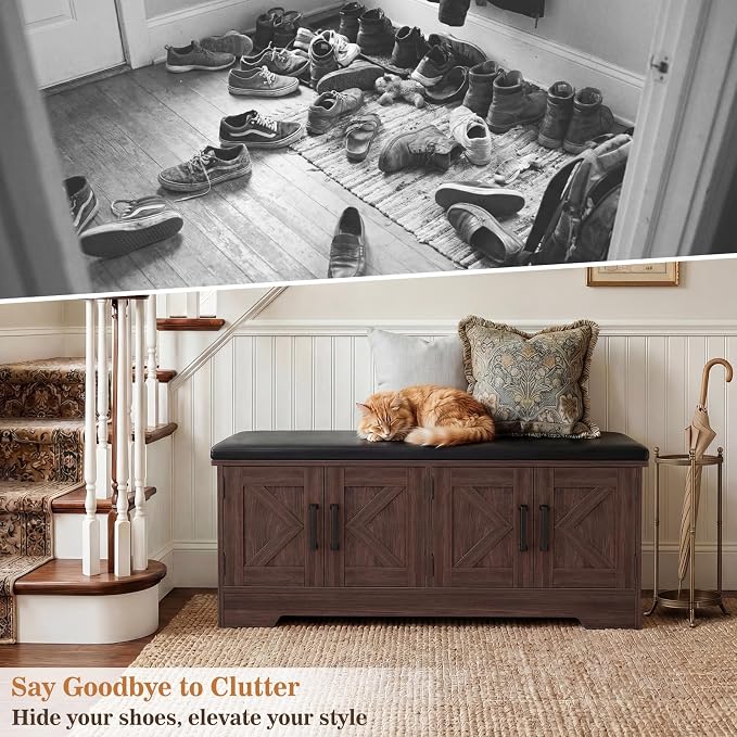 Farmhouse Shoe Storage Bench with Cushion - 43.3" Entryway Bench with Storage & 4 Barn Doors, 2-Tier Wooden Shoe Rack Bench, Shoe Cabinet & Mudroom Bench for Bedroom Hallway Living Room, Black Walnut