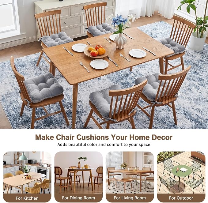 BETU Chair Cushions for Dining Chairs Set of 6,3.5" Thick Kitchen Table Chair Pads with Ties,Non Slip Backing and Covers, Seat Cushion for Dining Room,Bar,Patio Chairs,15.5"X15.5"X3.5",Light Grey