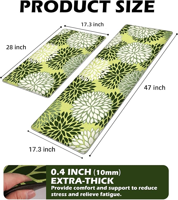 Kitchen Mats Set of 2 Cushioned Anti Fatigue Kitchen Rugs Non Slip Waterproof Kitchen Runner Memory Foam Floor Mat Comfort Standing Mat for Sink,Office,Laundry, Green