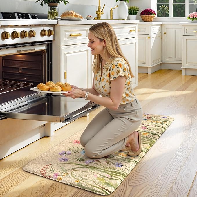 KIMODE Kitchen Mats for Floor Anti Fatigue, Boho Flower Kitchen Rug, Cushioned Kitchen Floor Mats, Comfort Standing Mat, Padded Kitchen Floor Mat for Sink Laundry Office Desk 20"x39" Brown