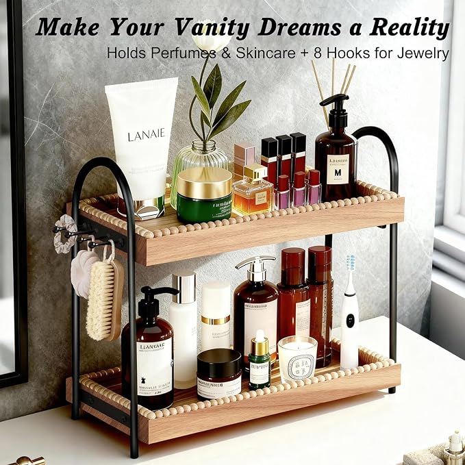 2-Tier Vanity Organizer Countertop for Perfume & Makeup, 17.3" Wooden Tray with 8 Jewelry Hooks for Dresser Bedroom, Elegant Skincare Storage Shelf for Women Coffee Bar Kitchen (Light Brown & Black)