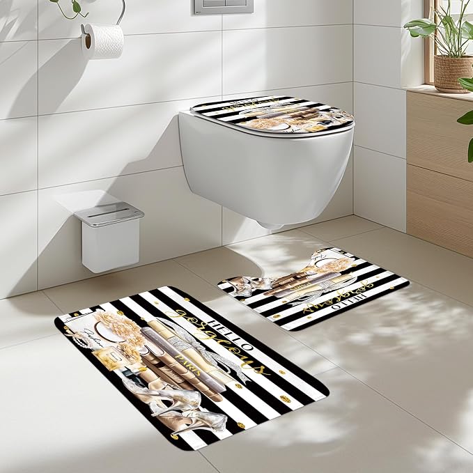4Pcs Black Yellow Shower Curtain Set, Fashion Flower Perfume Women Girl Girly Modern Bathroom Curtain with Rug, Toilet Lid Cover, Bath Mat, High Heels Magazine Shower Curtain with 12 Hooks
