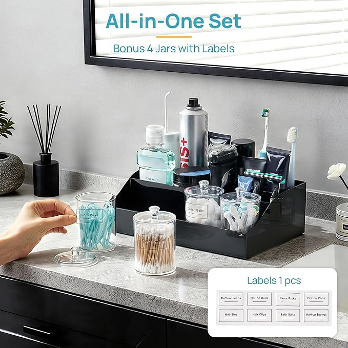 Vtopmart 5 PCS Bathroom Countertop Organizer, 1 Divided Tray with 4 Qtip Holder Jars, Restroom Clear Organizers for Toothbrush, Cotton Pads Balls, Floss, Bathroom Vanity Accessories Storage Set, Black