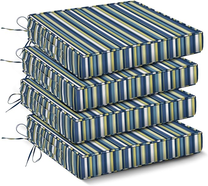 IPYNBAP Outdoor Chair Cushions Set of 4 -Waterproof Outdoor Seat Cushions for Patio Furniture, Patio Chair Cushion with Handle and Ties, Out Door Chair Pads,17x16x2-Square, Blue Stripe