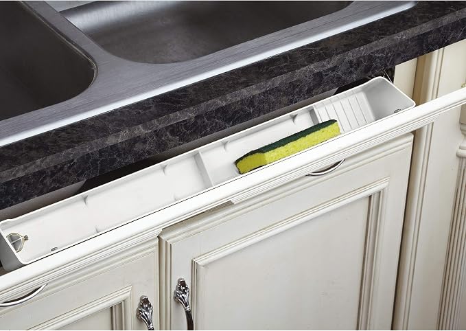 Rev-A-Shelf 22" Tip-Out Plastic Sink Tray for Kitchen and Bathroom Base Cabinets, Large Pullout Vanity Shelf Home Organizer, White, LD-6591-22-11-1